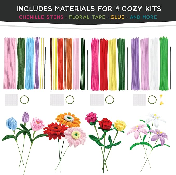WeVeel Cozy Craftworks Chenille Stem Flower Craft Kit for Adults – CC 4 Flowers Bundle – Relaxing DIY Arts & Crafts Kit with All Supplies