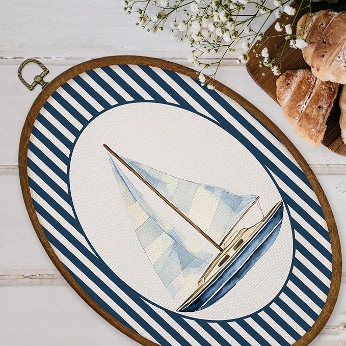 WULQYING Coastal Sailboat Nautical Nursery Wall Art Decor, Kids Room Oval Framed Canvas Art Prints, Blue Striped Sailboat Wall Hanging Decor for Kids Toddler Boy Room Bedroom Playroom, 8.6x11.4 Inches