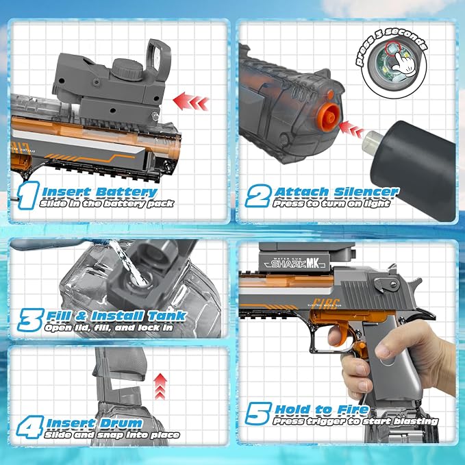 Electric Water Gun for Adults and Kids, Automatic Squirt Gun, Battery Powered Water Pistol with Light-Up Muzzle, 26-32 FT Long Range, Summer Outdoor Beach Pool Party Toy Gift