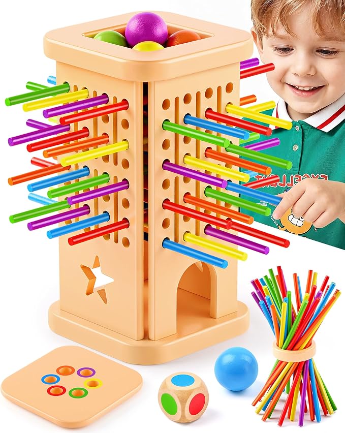 Montessori Wooden Board Games for Kids Ages 4-8, 36 Wooden Sticks Game, Color Matching Board Games for Kids 4-6, Fine Motor Skills Toy Montessori Toys for 3 4 5 6 Year Olds, Gift Boys Girls Family