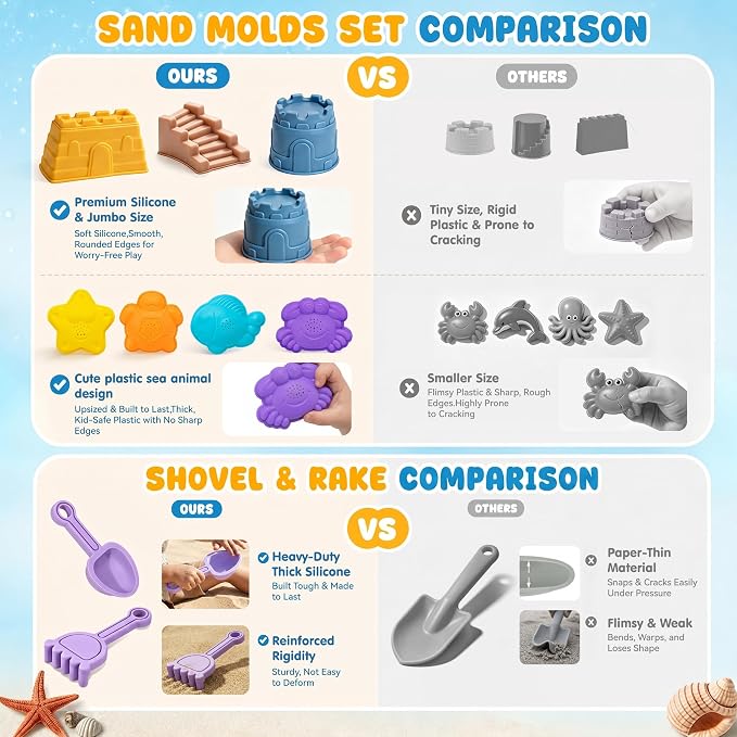 AuntyFey 11Pcs Silicone Beach Toys, Baby Beach Sand Toys, Sand Sandbox Toys for Toddlers 1-3, Collapsible Sand Buckets for Kids with 4 Plastic Sand Mold, 3 Silicone Castle Sand Mold and Mesh Bag