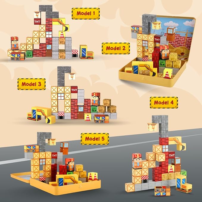 49PCS Mini Magnetic Blocks Construction Theme Travel Set for Kids Ages 3-8, STEM Magnetic Building Cubes Toy with Iron Storage Box, Portable Educational Sensory Toy for Boys Girls