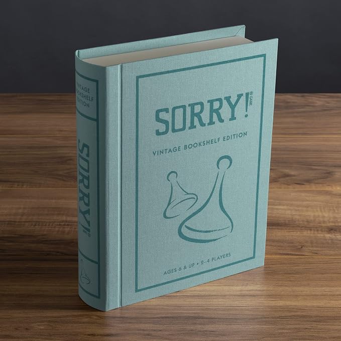 Sorry! Vintage Bookshelf Edition by WS Game Company - Classic Board Game in Linen-Wrapped Book Case with Retro 1958 Design, Wooden Pawns, and Full-Size Folding Game Board, for 2-4 Players, Ages 6+