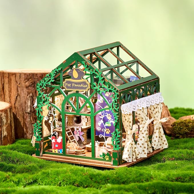 DIY Miniature Dollhouse Kit,3D Wooden Puzzles for Adults to Build, Birthday/Christmas Day Gift for Pet Lovers,Mini Furbabies‘ House with LED Lights,Pet Paradise