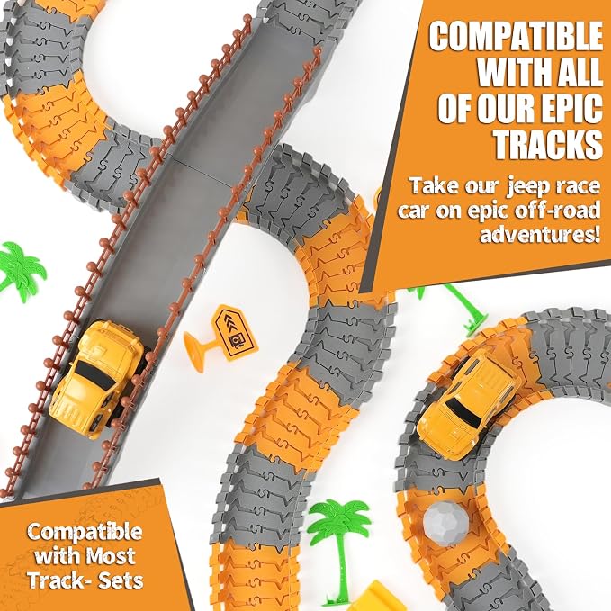 Magickidz Construction Race Car Toy for Kids - Includes 2 Engineering Jeeps, Birthday Gifts for 3 4 5 6 7 Year Old Boys, Compatible with DIY Track Sets & Construction Accessories
