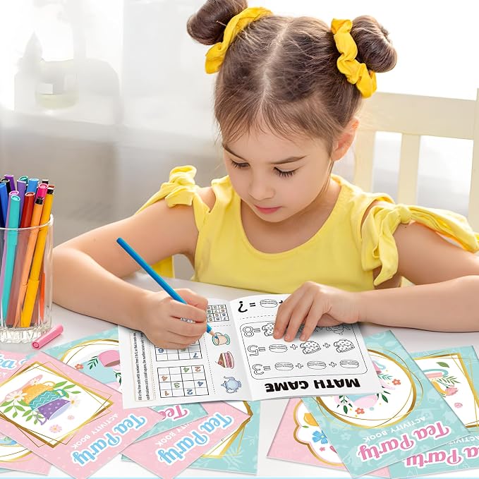 Tea Party Activity Books for Kids - 48Pcs Tea Time Themed Mini Game Coloring Booklet Bulk Maze Word Scramble Word Search Coloring Books for Birthday DIY Party Favor Goodies Bag Filler Classroom Reward