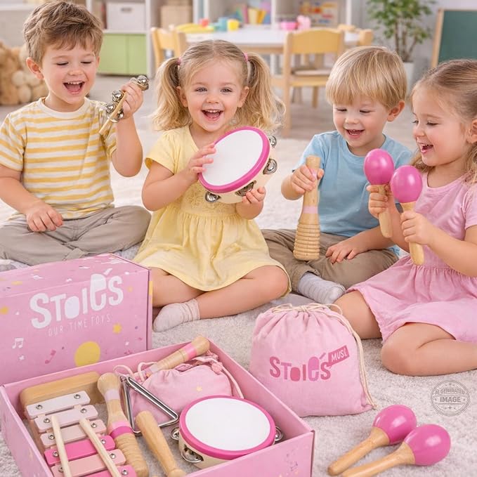 Stoie’s Pink Wooden Musical Instruments for Toddlers Ages 3+, Montessori Music Toy Set with Xylophone, Tambourine, Maracas & Triangle, Educational Preschool Toys for Girls & Boys