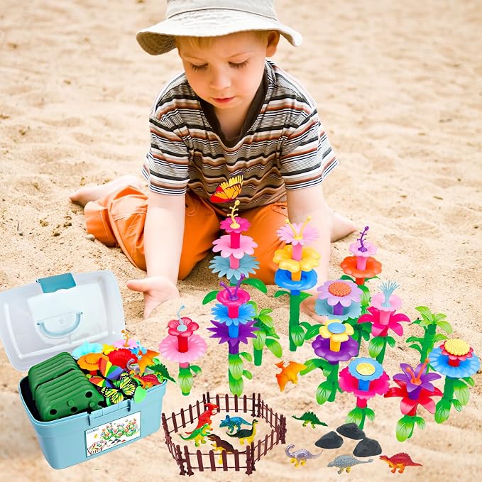 Toys Gifts for Toddlers Boys Girls Age 2 3 4 5 6, 167 PCS Dinosaur Flower Garden Building Blocks, STEM Fine Motor Skill Stacking Games, First 1st Birthday Gifts for Preschool Kids 2+ Years Old