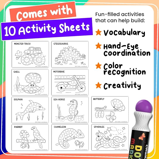 Chalkola 8 Washable Dot Markers for Toddlers | with 20 Page Coloring Activity Book Kit, Bingo Daubers | Preschool Paint Dot Art Set - Toddler Arts and Crafts Supplies for Kids Ages Above 3 Years Old