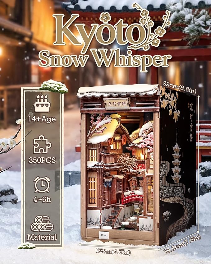 CUTEBEE Book Nook Kit - Japanese Style DIY Miniature Winter House, LED Light Bookshelf Decor Alley Dollhouse for Adults Teens, Gifts for Family (Kyoto Snow Whisper)