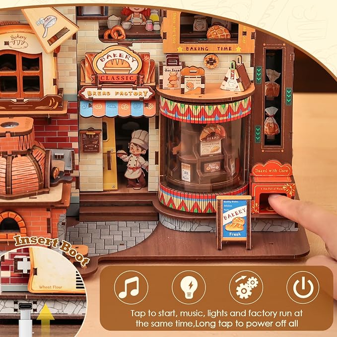Cutefun 3D Wooden Puzzle for Adults, DIY Miniature Bakery House Kit, Wooden Mechanical Model 576 Pcs Building Kit with LED Light & Music, Creative Craft Gift Home Decor (Bread Factory)
