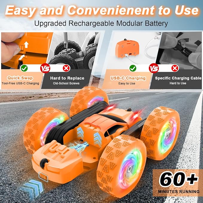 Remote Control Car, Outdoor Toys RC Cars for Kids Ages 6-12, 4WD Double Sided Stunt Vehicle with Upgraded USB-C Modular Batteries, 5 6 7 8 9 10+ Year Old Boy Birthday Orange