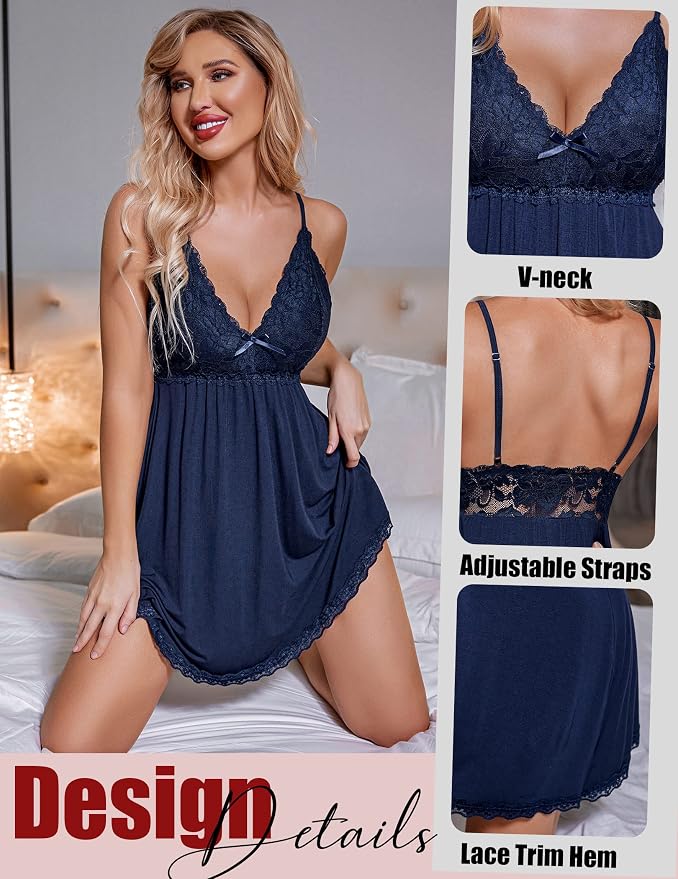 Avidlove Women Nightgown Sexy Sleepwear Lace Chemise V-neck Modal Babydoll Lounge Dress