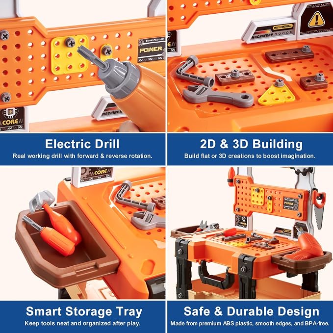 Kids Tool Workbench for Boys 3-5, Toddler Tool Set with Hammer, Electric Drill Toy, Take Apart Toys, Creative Construction Play Set, Repair Tools Workbench, Birthday Gift for Toddlers, with Toolbox