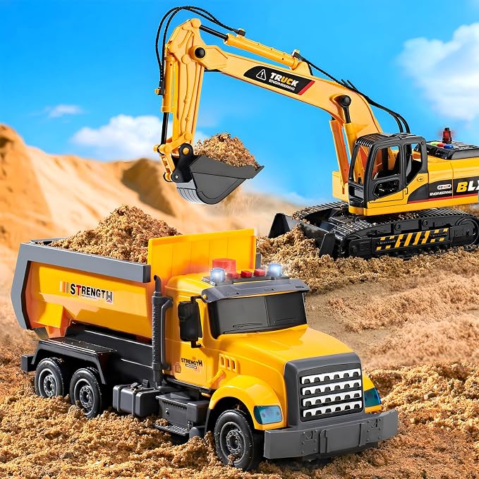 LerBao 2 Pack Large Construction Engineering Truck Toys,Moveable Claw Excavator & Lifting Back Dump Truck Toy for 3 4 5 6 7 8 Years Old Boys Kids Childs Toddlers Christmas Birthday Gift
