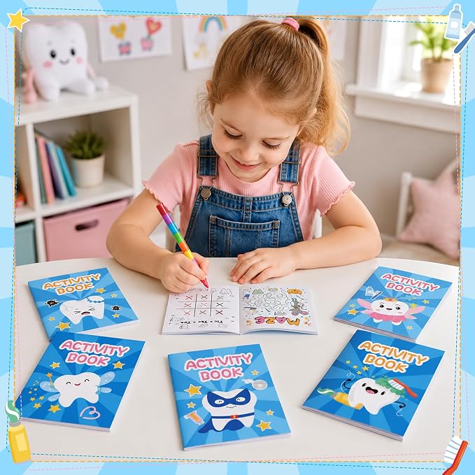 Tooth Activity Books with 24 Stacking Crayons for Kids - 24 Pack Tooth Fairy Mini Game and Coloring Book Set, Bulk Teeth Themed Activity Booklets for Classroom Rewards Party Favors DIY Art Gifts