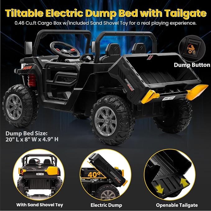24V 4WD Ride on Truck Car w/4X200W Motor, Dump Bed, Gift Flower, 2 Seaters, Remote Control, 4 Wheeler, LED Light, Music, 24 Volt Ride on Toys for Big Kids Girls 3-8, Black
