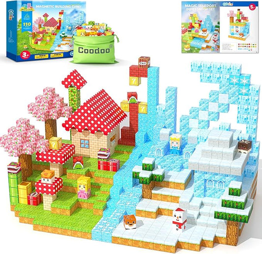 Coodoo 110PCS Magnetic Blocks - Build Mine Magnet World Magic Sword Portal Set, Magnet Kids Toys for Boys & Girls Age 3-5 4-8 5-7, STEM Magnetic Tiles Building Games Sensory Outdoor Toddler Toys