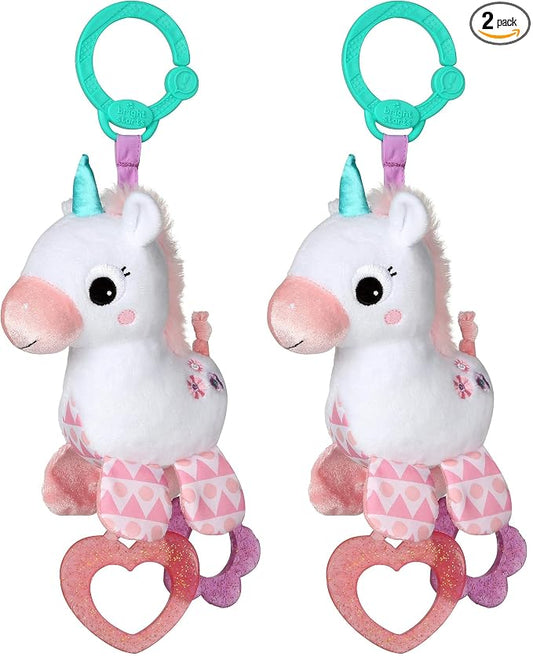 Bright Starts Unicorn Sparkle & Shine Plush Take-Along Stroller or Carrier Toy, Ages 0 Month+, Pink (Pack of 2)