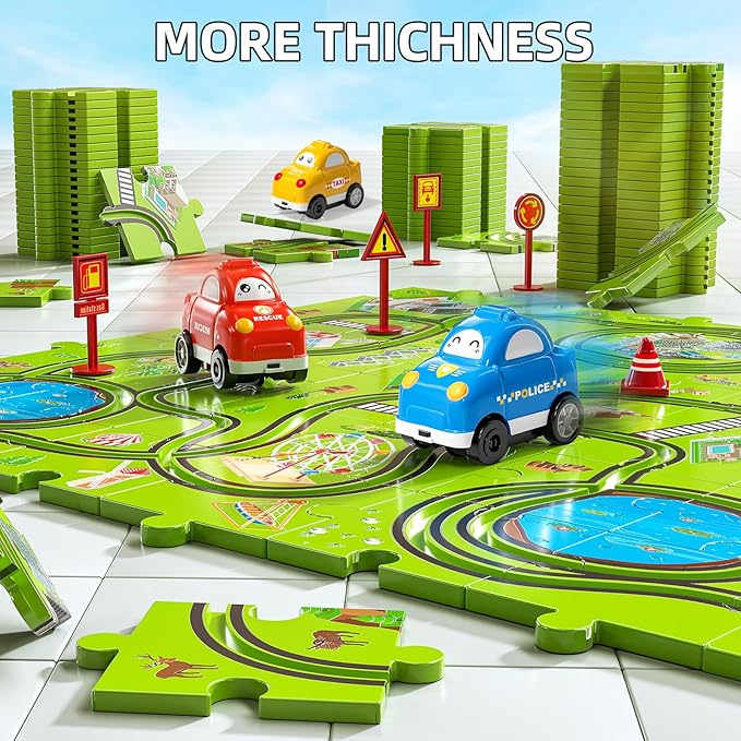 JUKUDAHU 64 Pieces Puzzle Race Track Car Set Toys for 3 4 5 6 Year Old Boys - Puzzle Tracks Car Toys for Kids Ages 3-5 with 3 Sliding Toy Cars, Animals-Themed, Birthday Gifts for Toddlers 1-3 2-4 4-6