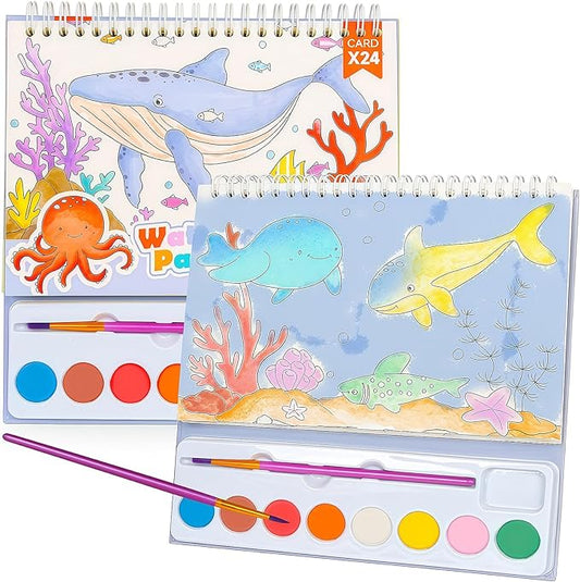 JCREN Paint with Water Books for Kids, Watercolor Coloring Book Mess Free Watercolor Painting Set, Arts and Crafts Water Color Paint Kit Birthday Gifts for Kids Toddlers 3-5 Boys Girls(Sea)
