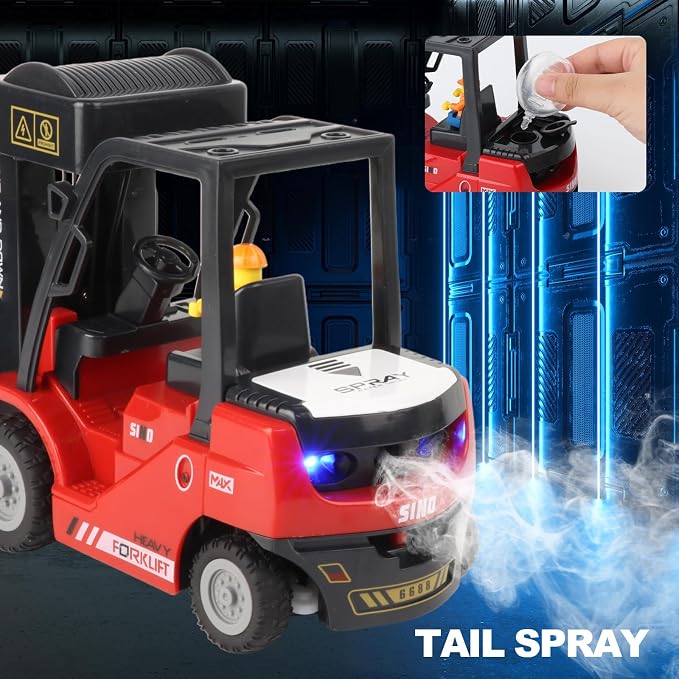 RC Forklift with Trailer, 2 in 1 Transform Lift Fork & Hook, Kids Forklift Toy with Light & Sound & Spray, 11 Channel Remote Control Forklift, Construction Vehicles Toy Gift for Kids 6+ (Red)