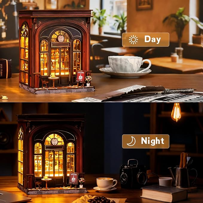 DIY Book Nook Kit, 3D Wooden Puzzle Miniature House with LED Light, Dollhouse Bookshelf Insert, Tiny House Model Building Kit, Unique Creative Gift for Adults and Teens (Warmglow Coffee)