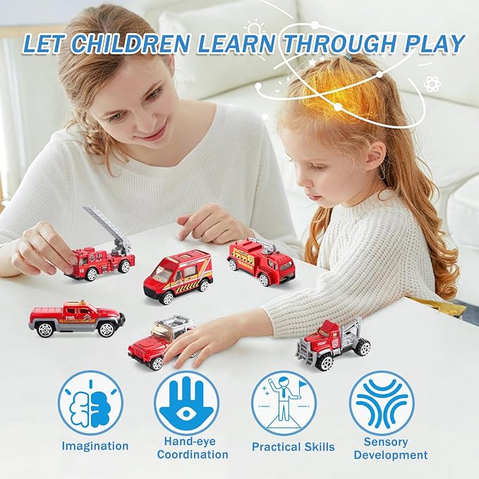 6 Pack Diecast Fire Truck Vehicle Toy - Mini Car Metal Model Toy Set - Kids Fire Engine Emergency Vehicles Set for Boys Girls - Gifts for 3 4 5 6 7 Year Olds