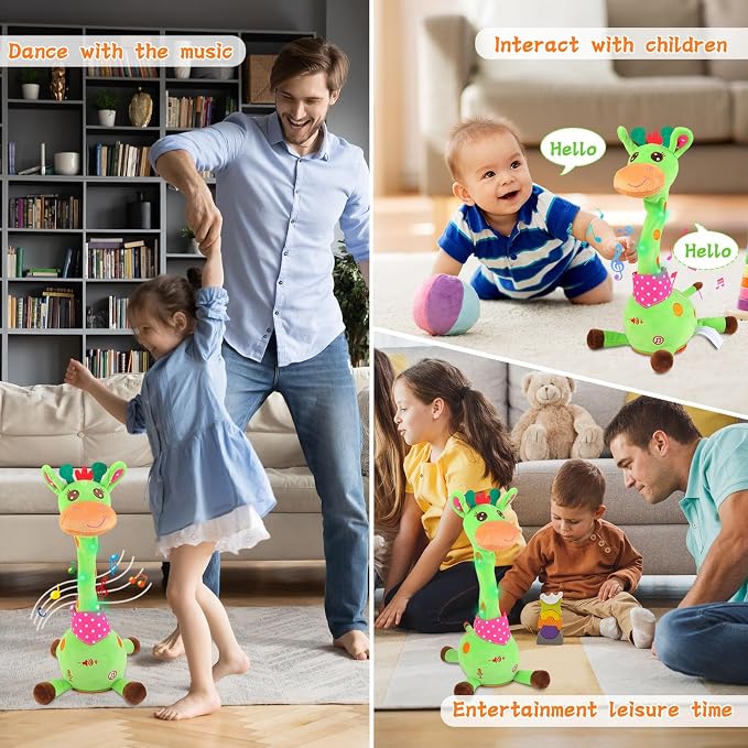 LUKETURE Dancing Talking Singing Green Giraffe Toy Stuffed Plush, Interactive Stuffed Animal Toy, Musical Giraffe Plush with Record & Repeat, Sings 10 Songs, LED Lights