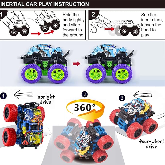 Push and Go Friction Powered Car,Toys for Boys 3-7 Years Old, Monster Toys Truck 4 Pack 360° Rotating Stunt Cars,Double-Directions Inertia Pull Back Vehicle Set,Birthday Party Gift for Kids