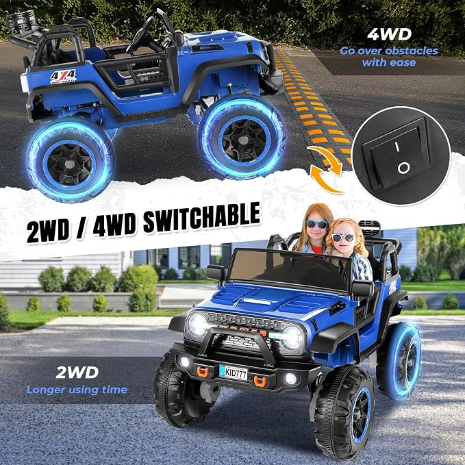 Hikole 24V Ride-on Car for Big Kids, 2 Seater Kids Ride Off-Road Car with Remote Control, Switchable 2WD/4WD, Extra Large 20" Seats, Spring Suspension, Music, 5.9MPH - Blue