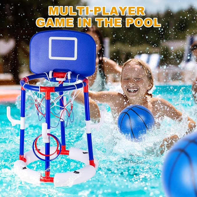 Taotuo Blue Floating Pool Basketball Hoop with Backboard, 2-in-1 Poor Toy Basketball & Ring Toss Game with 4 Balls, 6 Rings&Pump, Summer Pool Toys Outdoor Water Fun Family Party for Age 3-12