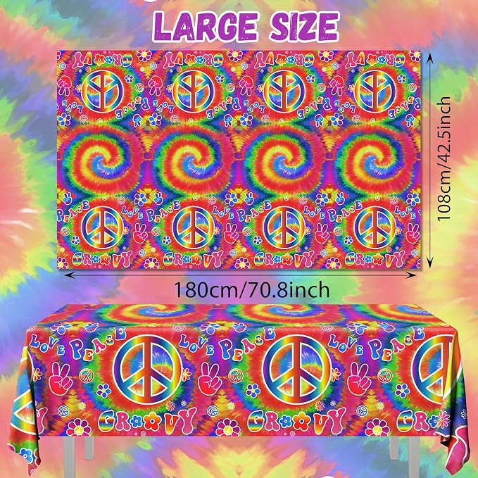 Tie Dye Birthday Party Supplies, 60's Hippie Theme Tablecloth 3Pcs Groovy Hippie Table Cover Peace Love tie dye Table Cloths for Parties