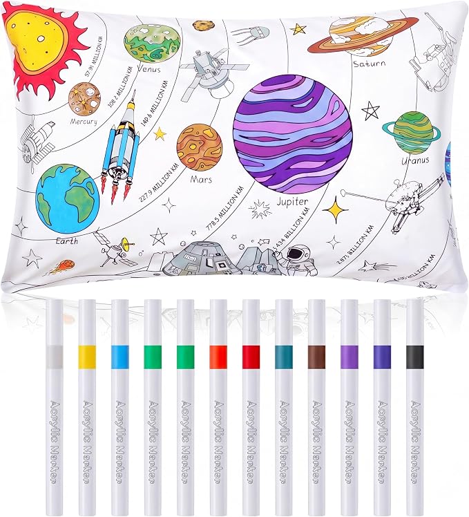Mindsoft Coloring Craft Coloring Pillowcase Space Pillowcase with 12 Pcs Markers Pens for Decoration Supplies Craft, 28.7 x 19.7 Inch