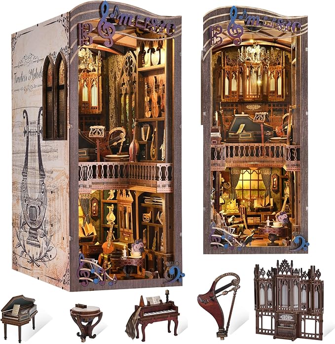 fifijoy Book Nook Kit Music, DIY Miniature House Kit Book Nook, 3D Wooden Puzzle Bookshelf Insert Diorama Kit with Led Light for Teens and Adults (Timeless Melody)