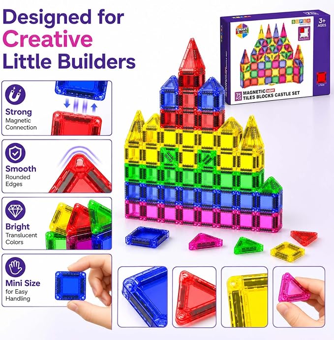 Mini Magnetic Tiles - 75 PCS Travel Magnetic Tiles, Micro Magnet Travel Toy for Kids Ages 3+, STEM Educational Building Set Construction Toys, Boys Girls Toddlers Birthdays Day Gifts