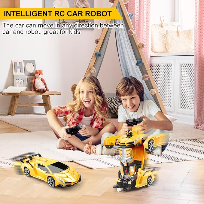 Blackma Transform RC Car Toy - Remote Control Car with Flashing Lights, One-Button Deformation, 2.4GHz & 360° Rotation, Gift for Kids Boys Girls Ages 4-12 - Yellow