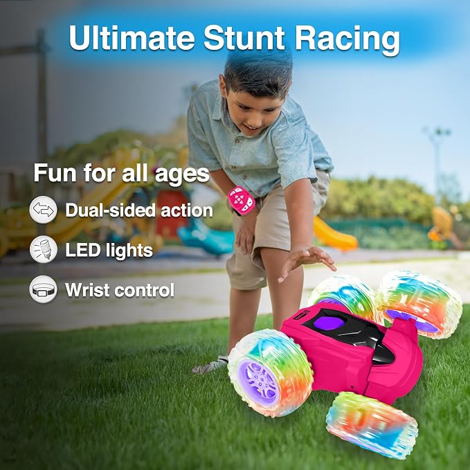 Contixo SC3 RC Stunt Car, Pink 2.4GHz 4WD Double-Sided 360° Rotating flip Racer Remote Control Toy Cars with LED Lights for Kids Girls Boys Age 4-12 Birthday Gift