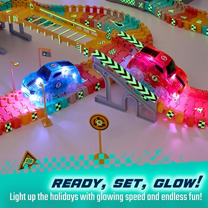 JitteryGit Replacement Light Up Magic Cars For Glow Flex Tracks - Extra LED Car Accessories For Race Track & Glow In The Dark Trax - Compatible with Most Tracks For Kids Boys and Girls (2 Racers Pack)
