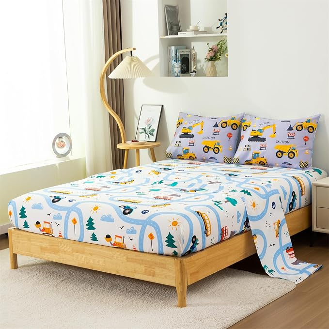 Holawakaka Construction Truck 5-Piece Full Bed-in-A-Bag Set, Boys Comforter & Sheet Set with Excavator & Tractor Print, Kids Bedding Collection, Machine Washable, Gift for Kids