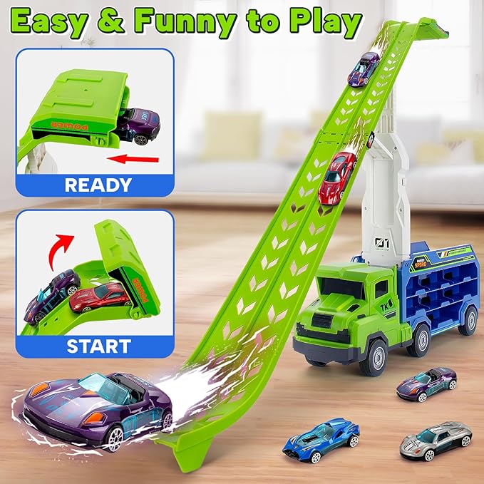 Kids Toys for 3 4 5 6 7 8 Years Old Boys, Carrier Truck Transport Car Toys, Foldable 2 Layer Car Race Track Playset with 25-in Race Track, 6 Metal Toy Cars, Birthday Toy Gift for Toddler Boys Girls