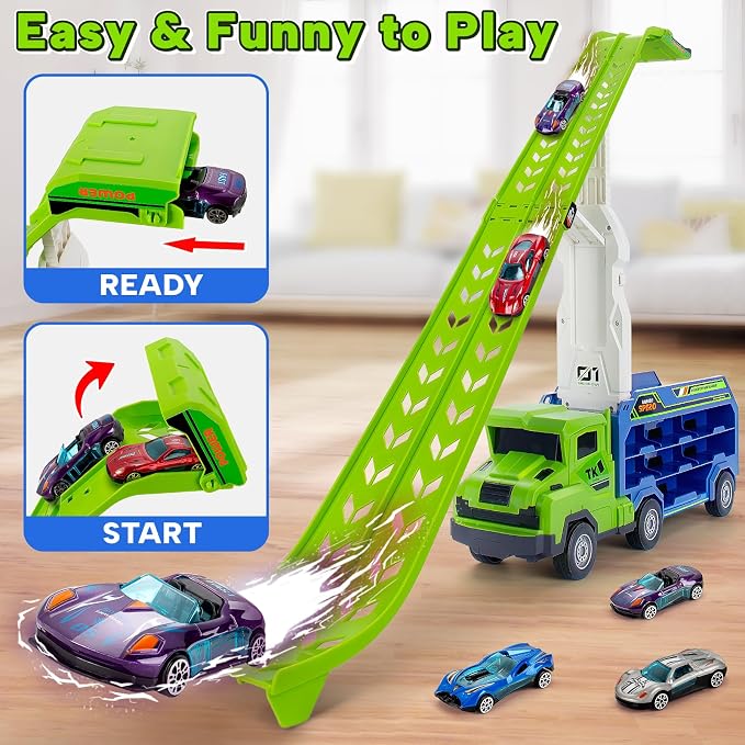 BainGesk Truck Toys Car for 3, 4, 5, 6 Years Old Boys, Carrier Race Truck Toys, Foldable 2 Layer Transport Car Toys with 27 in Race Track and 6 Metal Cars, Birthday Gifts for Toddler Boys Girls
