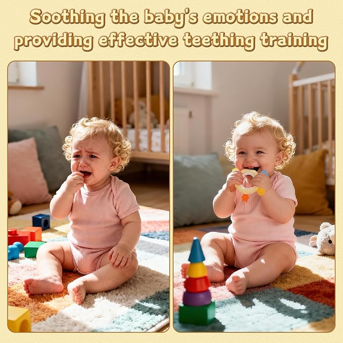 Baby Teething Rings Rattle Toys for 0-6 Months Baby Silicone Teether Relief Sooth Chew for Babies 0 3 6 9 12 Months Newborn Essentials Sensory Colorful Animal Teething Ring Infant Gift