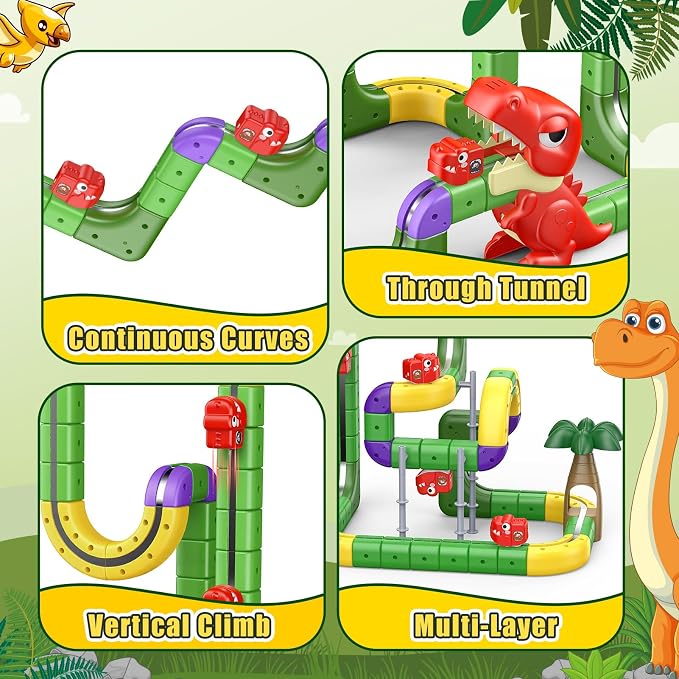 Dinosaur Magnetic Train Set Toys for Kids 3-5: 115PCS 3D Infinity Racer Cube Tracks Anti-Gravity Rail Electric Train Track Birthday Gifts Toys for 3 4 5 6 7 8 Year Old Boys Girl