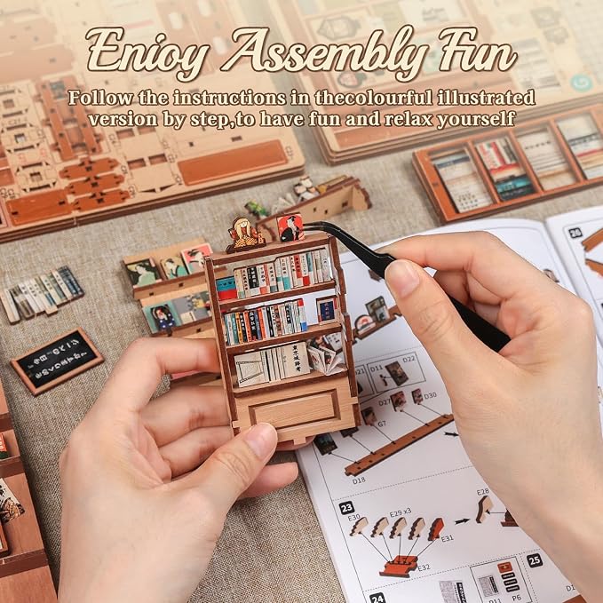 Cutefun Book Nook Kit - DIY Miniature Dollhouse kit for Adults, 3D Wooden Puzzle Vintage Japanese Bookshelf Insert Decor, Nostalgic Showa Era Craft Kits with LED (Antique Bookery of Kyoto)