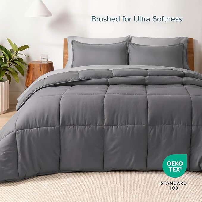 Bare Home Bed-in-A-Bag 7 Piece Comforter & Sheet Set - King - Goose Down Alternative - Ultra-Soft 1800 Premium - Bed Set (King, Grey/Light Grey)