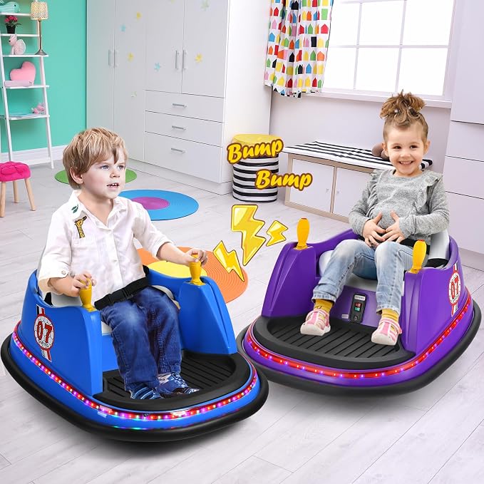 Costzon Bumper Car for Kids, 12V Electric Toddler Bumping Car with Remote Control, Dual Joysticks, 360 Spin, Music, Flashing Lights, Slow Star, Kids Bumper Car Ride on Toy for Boy Girl Gift (Purple)
