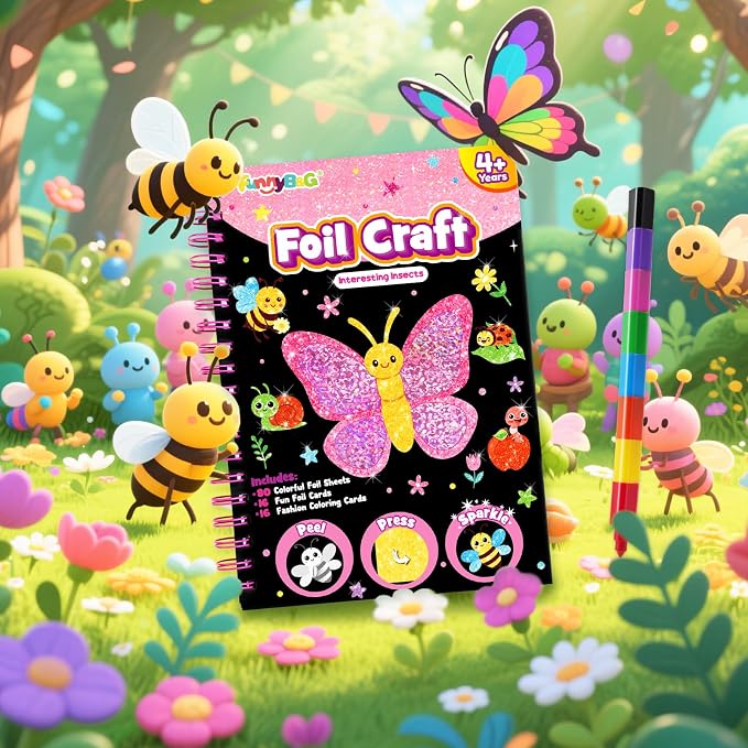 FUNNYB&G Foil Art Craft Kit for Girls 4-10 Years Old: Mess-Free & No-Glue, Create 16 Sparkly Interesting Insects Pictures – Perfect Travel Toy & Birthday Gift for Kids (Insects)