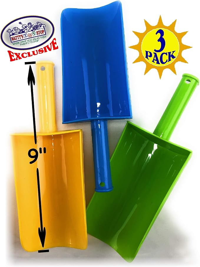Matty's Toy Stop 9" Kids Short Handle Sand Scoop Plastic Shovels for Sand & Beach (Yellow, Blue & Green) Gift Set Bundle - 3 Pack