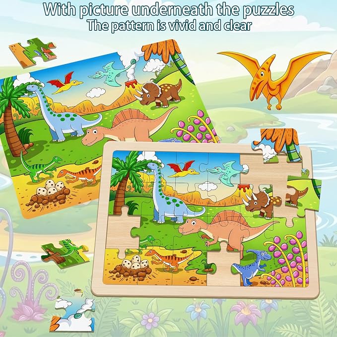 Wooden Puzzles Dinosaur Toys for Kids Ages 4-6, 4 Packs 24 Piece Wooden Jigsaw Puzzles Preschool Educational Brain Teaser Boards Toys Gifts for Boys and Girls 3 4 5 6 Years Old